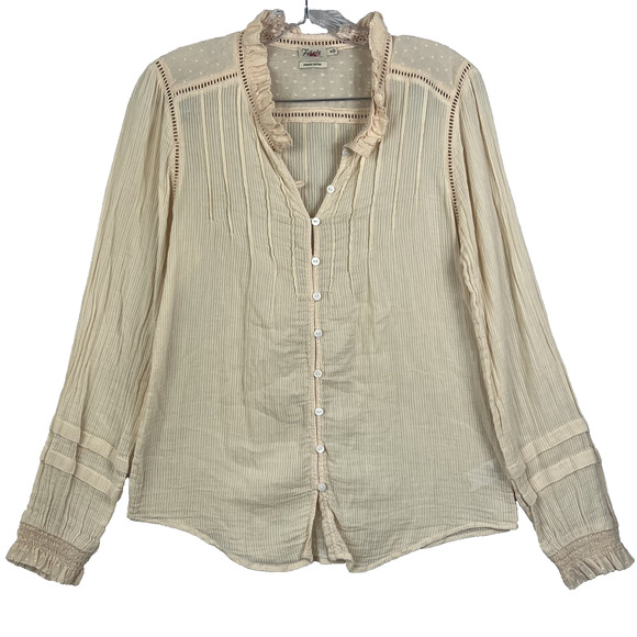 Faherty Willa Blouse Organic Cotton Medium Ruffled Pintuck Cream Peasant - Picture 1 of 6